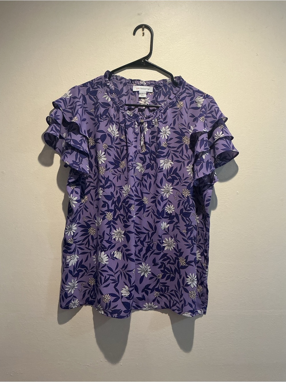 Liz Claiborne Purple Floral Ruffle Sleeve Blouse Top L